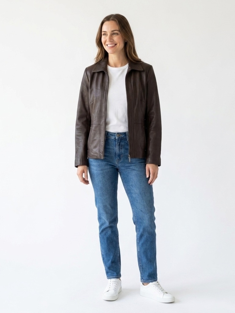 Style & Co. Brown Genuine Leather Zip Up Jacket Small Minimalist